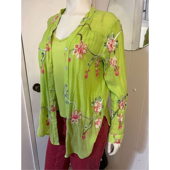 Fig and Flower Anthropologie Lime Green Embroidered Blouse W/ Matching Cami Size - Picture 2 of 11